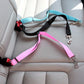 Adjustable dog car seat belt safety clip, securely attaches to harness or lead for safe travel in vehicles