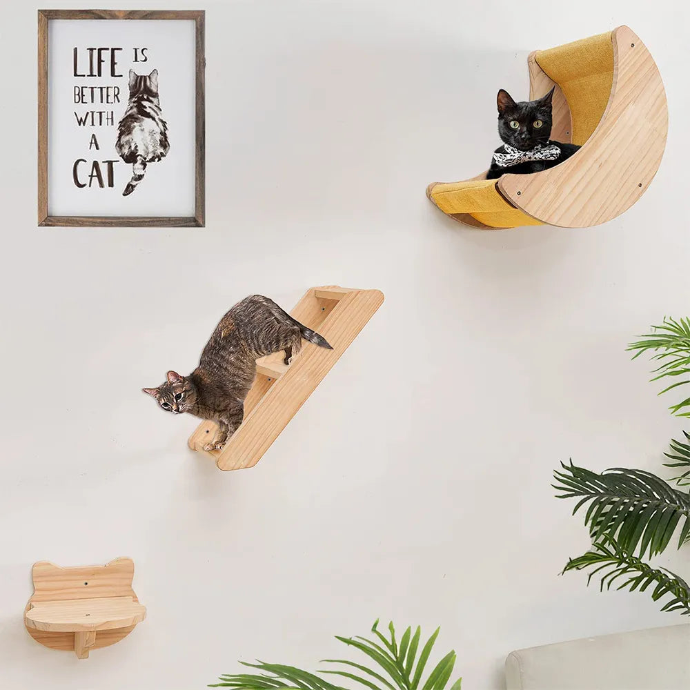 Cat activity wall furniture with a moon hammock and 3 shelf options, perfect for climbing, lounging, and play