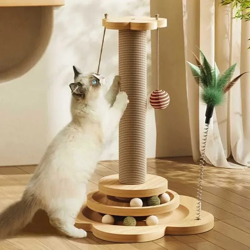 Premium Wooden Cat Scratch Post - One piece with Interactive Toys - Dog and Cat Studio