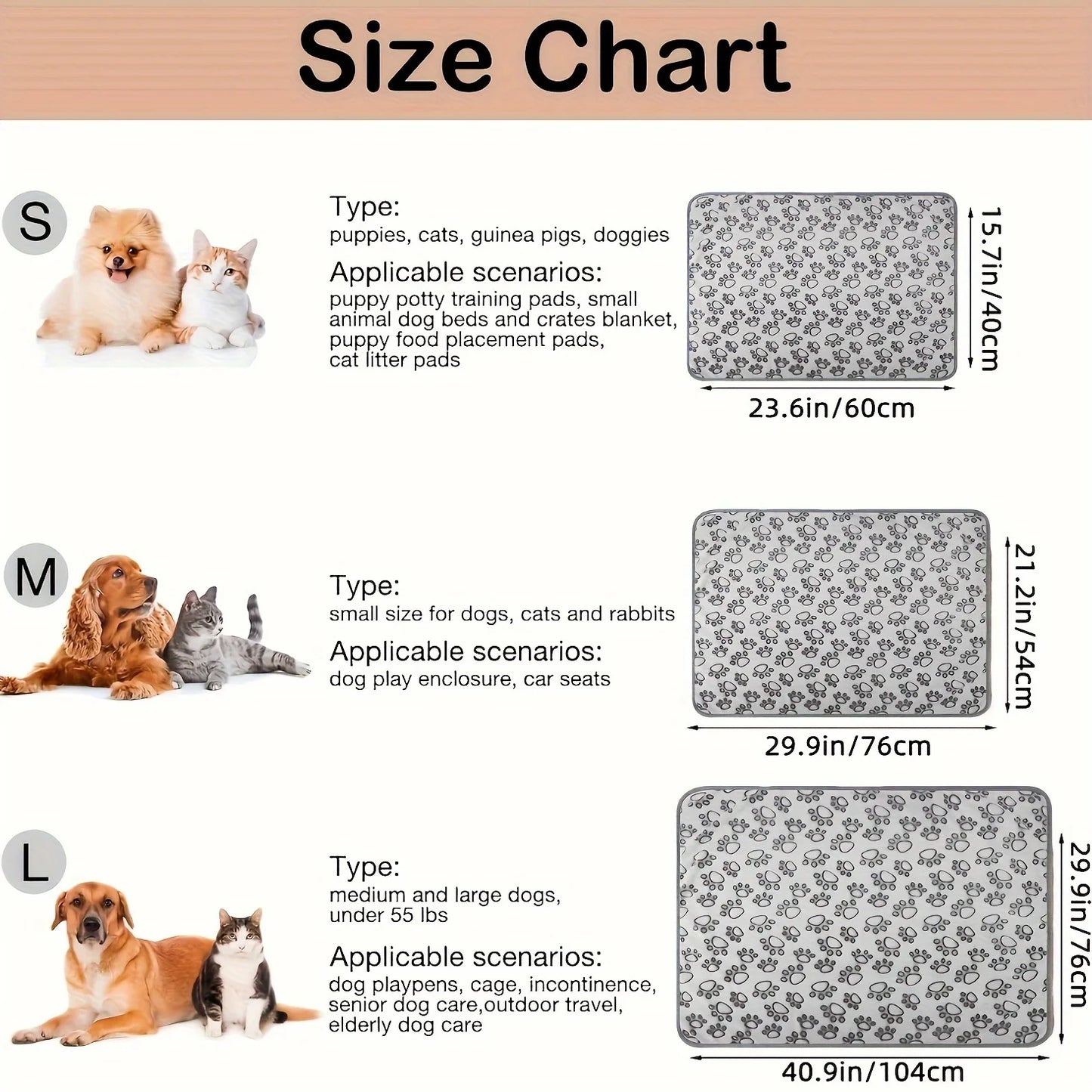 Size chart of the Soft Grey Fluffy High-Quality Blanket showing it is available in 3 sizes 60cmx40cm and 52cmx76cm and 76cmsx104cm