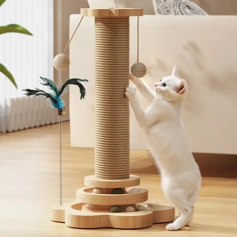 Premium Wooden Cat Scratch Post - One piece with Interactive Toys - Dog and Cat Studio