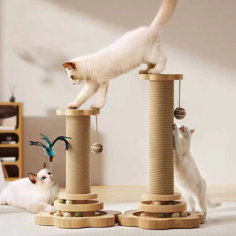 Premium Wooden Cat Scratch Post - One piece with Interactive Toys - Dog and Cat Studio