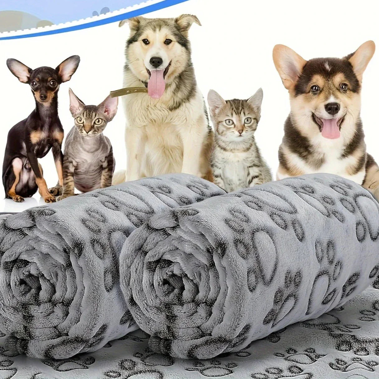 Folded Soft Fluffy Blanket with Cats and Dogs above it