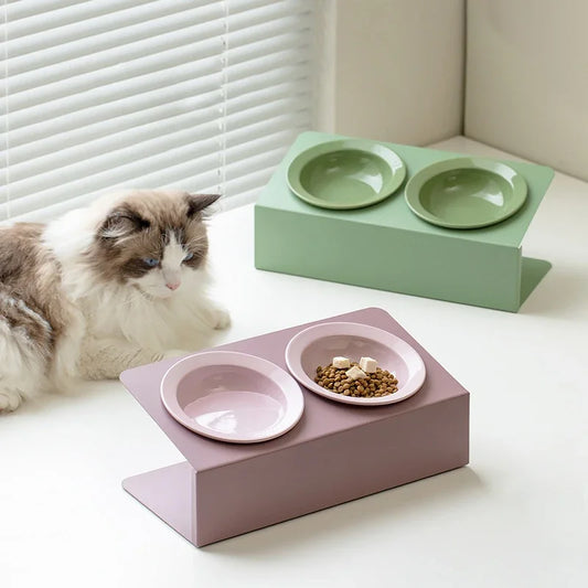 Elevated Double Ceramic Cat Bowl with Iron Stand